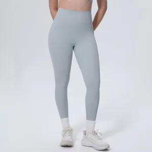 High-waisted light blue yoga leggings for women, breathable ice-feeling athletic pants for running gym fitness.