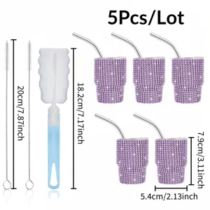 Set of 5 mini rhinestone stainless steel tumblers with metal straws and cleaning brushes.