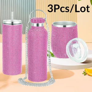 Bling rhinestone stainless steel water bottle and tumbler 3-piece set with chain.