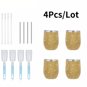 4Stk 12oz Strass Edelstahl Weinglas Becher Set mit Strohhalmen und Buersten 4tlg