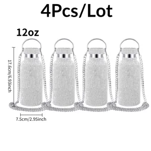 4Pcs/Lot 12oz Bling Rhinestone Insulated Stainless Steel Water Bottle with Carrying Chain
