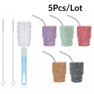 5pcs rhinestone mini stainless steel tumblers with straws and cleaning brushes party cups