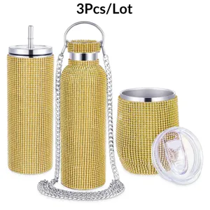 3pcs rhinestone stainless steel insulated water bottle tumbler set with chain strap and straw.