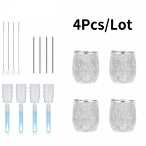 4-Stück Strass Edelstahl Weinbecher Set mit Metallstrohhalmen und nützlichen Bürsten.