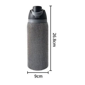 Strass Vakuumisolierte Trinkflasche mit Doppeldeckel, 304 Edelstahl, tragbare Autotasse.