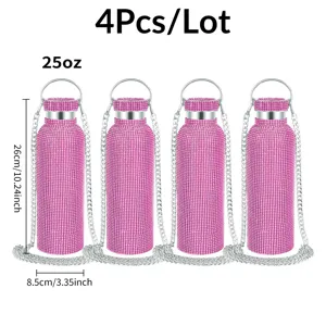 4pcs 25oz rhinestone stainless steel water bottles with chain pink insulated tumblers