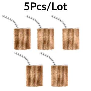 Set of 5 mini stainless steel rhinestone shot tumblers with straws for party drinks and gifts.