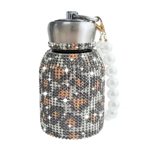 Bling Rhinestone Stainless Steel Insulated Water Bottle with Pearl Strap Portable Travel Cup