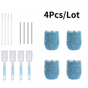 Detailansicht des Strass-Edelstahl-Weinbecher-Sets mit Trinkhalmen und Reinigungsbürsten.