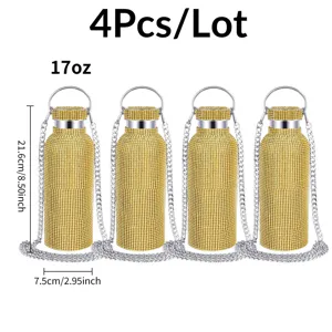 4pcs lot rhinestone water bottle 17oz stainless steel insulated tumbler with chain strap
