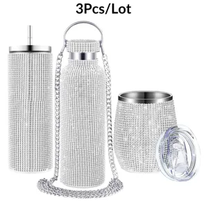 3-piece rhinestone stainless steel tumbler set with straw, chain strap and lid for daily use.