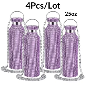 Detailed view of the 4pcs 25oz purple rhinestone stainless steel water bottles with chain.