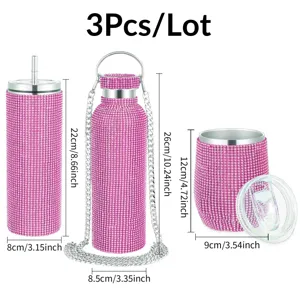 3-piece sparkly pink rhinestone water bottle set with chain, straw and bling tumbler cups