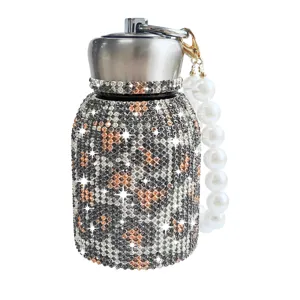 Rhinestone insulated water bottle with pearl strap sparkling leopard print stainless steel flask