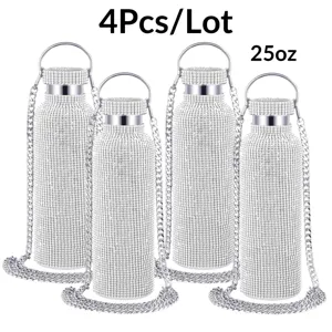 Rhinestone insulated water bottle detail showing sparkling crystal surface and metal chain.