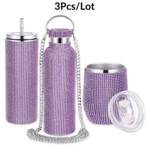 3pcs rhinestone stainless steel tumbler set with chain strap and straw for daily use.