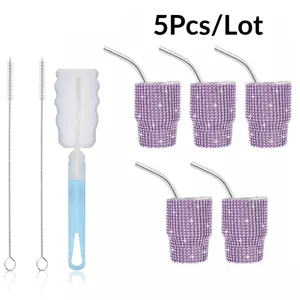 Mini Rhinestone Insulated Tumbler Stainless Steel Shot Cup With Straw And Cleaning Brush Portable Party Drinkware For Women