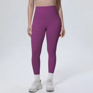 High-waisted solid color purple yoga pants, breathable fitness leggings for women workout.
