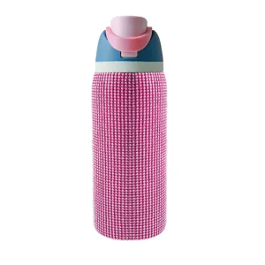 Glitzernde Strass isolierte Wasserflasche mit rosa Deckel, tragbarer Edelstahl Becher Detail.