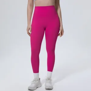 High-waisted solid color pink yoga leggings detail view, breathable and comfortable.