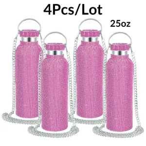 304 Stainless Steel Rhinestone Inlaid Portable Vacuum Flask With Metal Chain Stylish Double Walled Insulated Water Bottle For Outdoor Sport