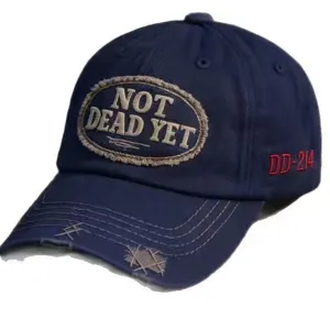 Detailed shot of vintage washed navy blue baseball cap with embroidered patch and side text.