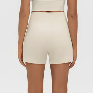 High-waist athletic yoga shorts back detail, breathable stretch activewear fabric.