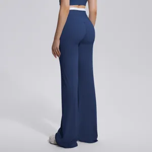 Pantalon de yoga flare taille haute femme jambe large double couche ceinture sport chic
