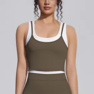 Femme soutien-gorge de sport superposé activewear côtelé contraste yoga crop top fitness course