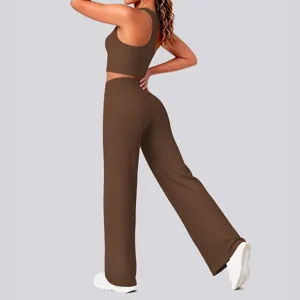 Einfarbiges Nylon Yoga Set Racerback Sport-BH und lange Hosen Fitness Outfit Sportbekleidung