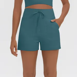 High waist drawstring sports shorts with side pockets for fitness, yoga and casual wear.