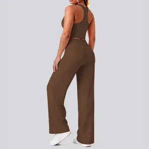 Damen braune Yoga Set Sportbekleidung Trägershirt weite Hose Fitness Gym Sport Outfit