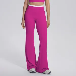 Pantalon evase de yoga taille haute couleur contraste pour femme fitness sport chic.