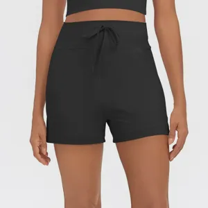 High waist athletic shorts with drawstring and side pockets for women gym fitness casual wear.