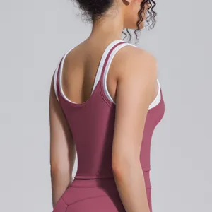 Détails de la brassière de sport côtelée bicolore en deux pièces pour course, fitness, yoga.