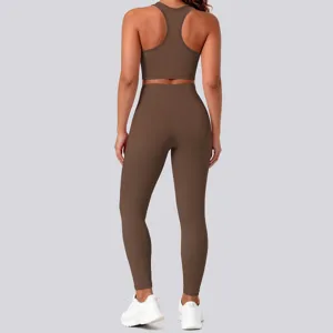 Detailed view of the brown seamless backless yoga set, perfect for fitness, running and gym workouts.
