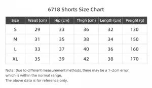 Tabla de tallas para pantalones cortos de deporte yoga fitness elásticos de color liso.