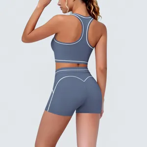 Detail back view of a contrast piping sports bra and shorts yoga set for fitness training.