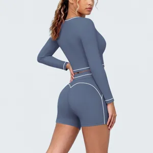 Contrast piping long sleeve crop top and shorts yoga set for fitness, running and gym workouts.