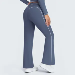 Women high waist yoga pants contrast piping flared fitness running trousers activewear