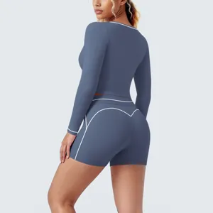Women long sleeve crop top shorts yoga set fitness activewear contrast piping workout two piece