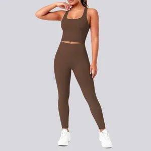 Detailed view of the solid brown nude-feel sports bra and high-waist leggings activewear set.