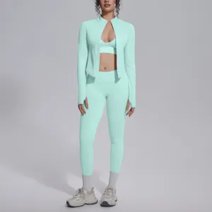 Set sportivo senza cuciture da 3 pezzi da donna, abbigliamento yoga traspirante.