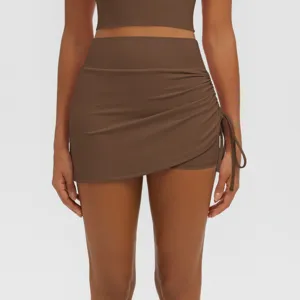 High waist pleated two-in-one yoga skirt active fitness running athletic shorts brown