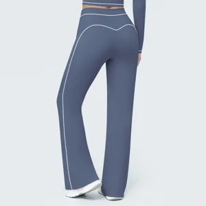 Back detail view of high-waisted contrast piping flared yoga pants for women fitness workout.