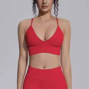 Red seamless sports bra and yoga leggings set, high stretch fitness workout activewear.