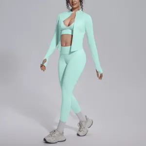 Set sportivo senza cuciture in 3 pezzi, giacca reggiseno e leggings elasticizzati per fitness.