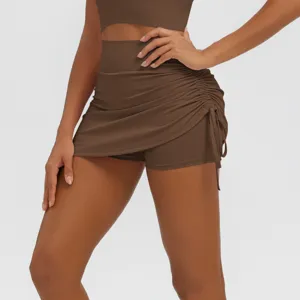 High-waist ruched faux two-piece yoga skirt, breathable stretchy fitness athletic wear.