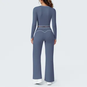 Blaues Langarm Crop-Top Schlag-Yogahose Set, weiches Fitness Sportbekleidung Outfit.