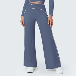 Women's high waist wide leg yoga pants activewear set contrast piping casual sportswear outfit